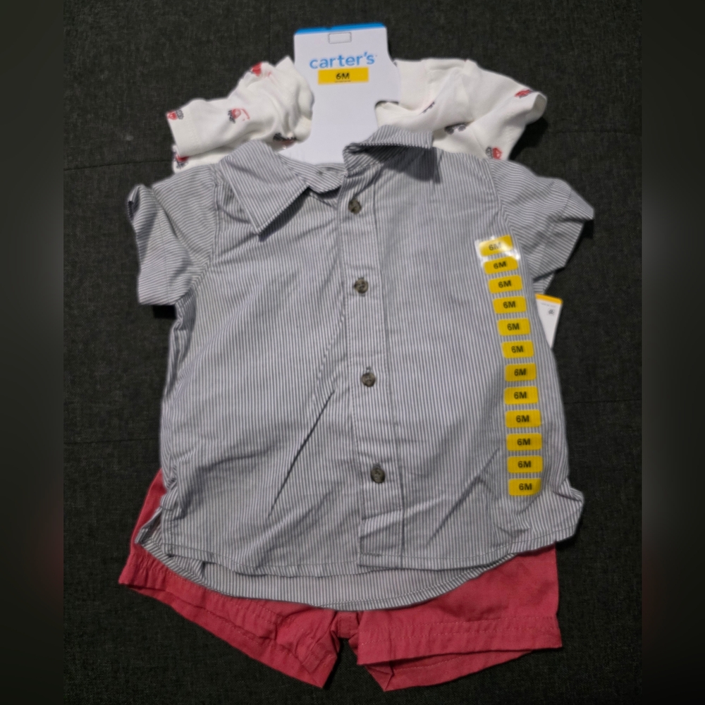 Carter's Blue Striped Button Down Shirt with Red Shorts